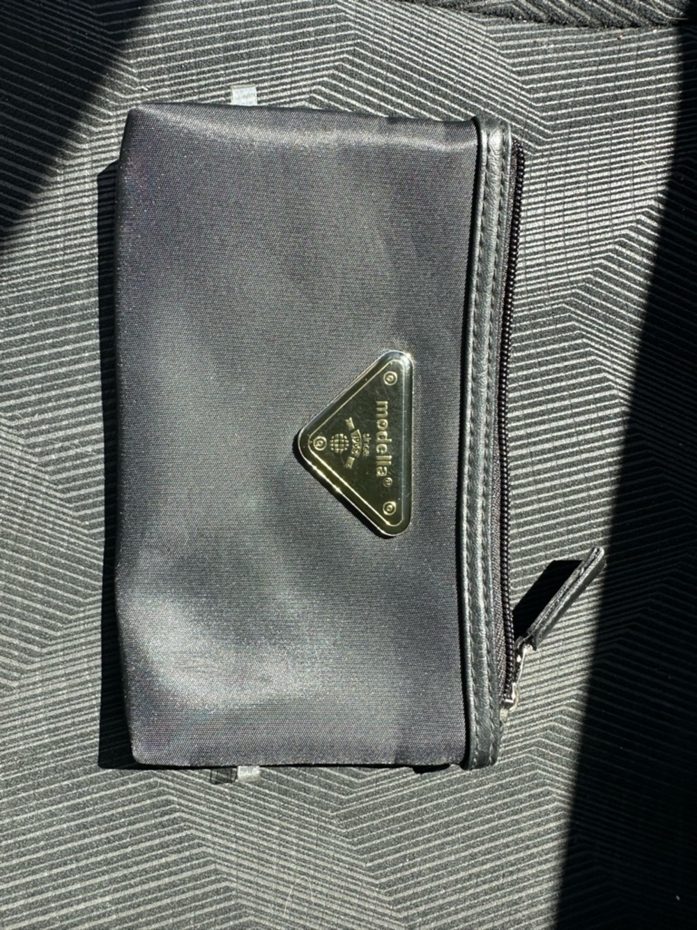 Modella Black Nylon Zip Pouch with Gold Triangle Logo